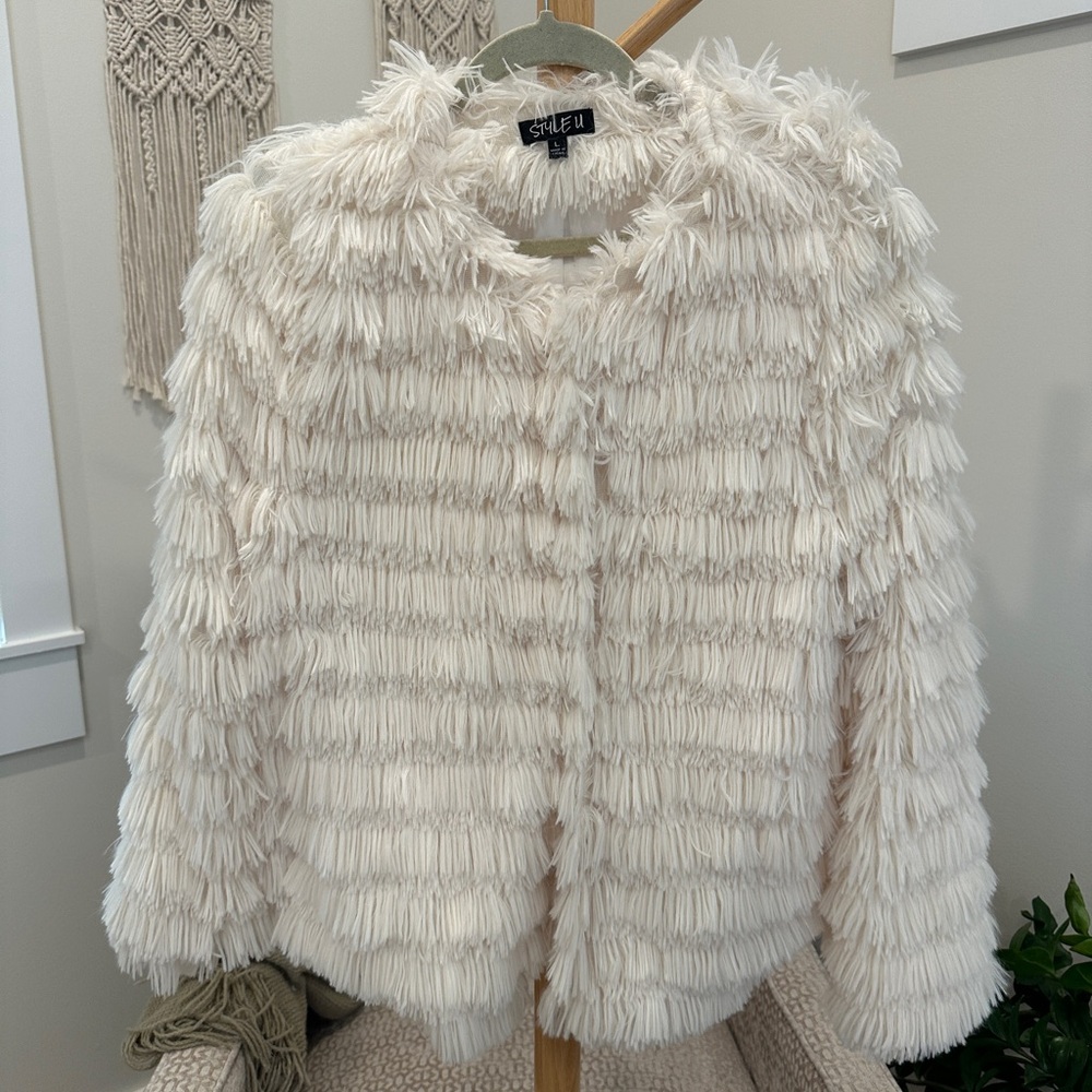 Style U Cream Shag Faux Fur Jacket Fringe Textured Open Front Size L - Picture 2 of 7